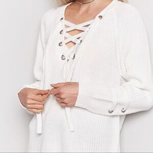 Forever 21 White Lace Up Cable Knit Sweater M